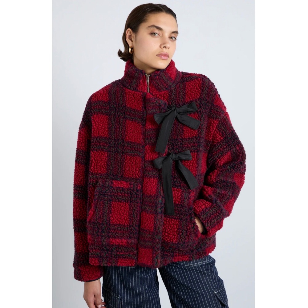NEW Damson Madder Ingrid Borg Sherpa Jacket Plaid Bow Wool Blend Womens Size 12